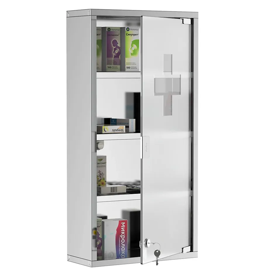 Homcom Armoire à pharmacie 3 étagères 4 niveaux 30L x 12l x 60H cm porte verre trempé symbole croix acier inoxydable brossé