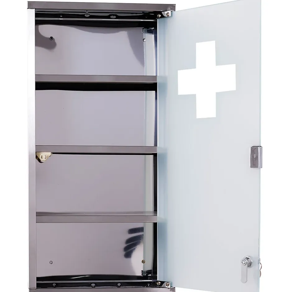 Homcom Armoire à pharmacie 3 étagères 4 niveaux 30L x 12l x 60H cm porte verre trempé symbole croix acier inoxydable brossé