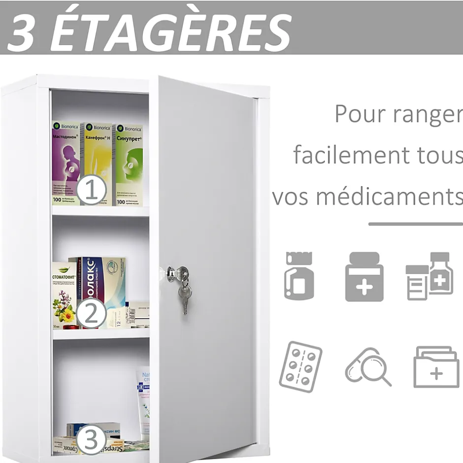 kleankin Armoire à pharmacie 2 étagères 3 niveaux verrouillable dim. 40L x 18l x 60H cm 2 clés métal blanc