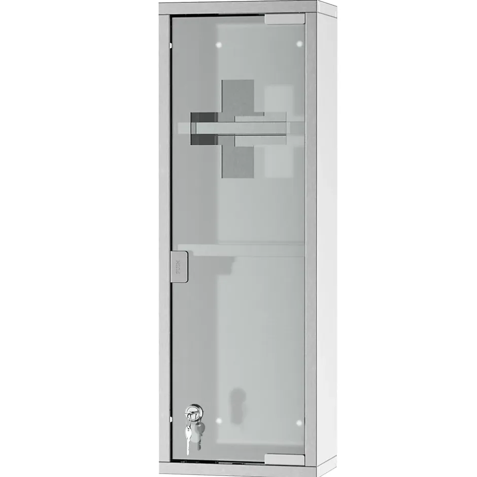 kleankin Armoire à pharmacie 2 étagères 3 niveaux 20L x 12l x 58H cm porte verre trempé symbole croix acier inox.