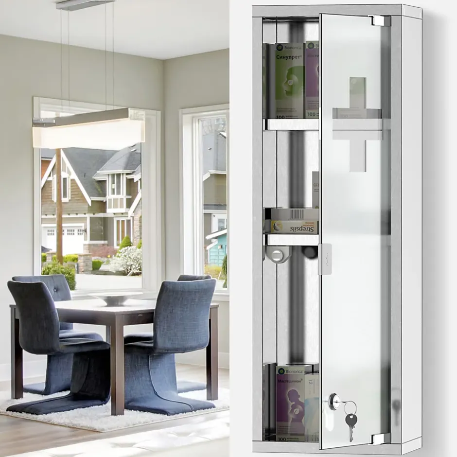 kleankin Armoire à pharmacie 2 étagères 3 niveaux 20L x 12l x 58H cm porte verre trempé symbole croix acier inox.