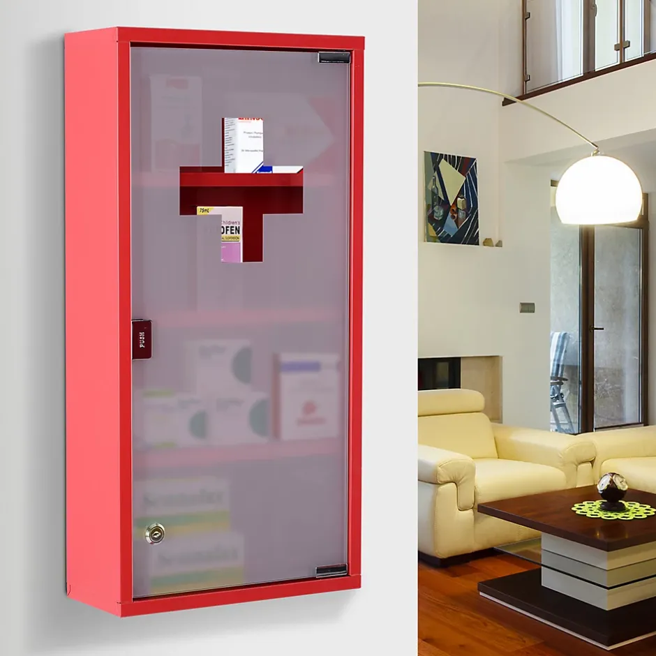 Homcom Armoire à pharmacie 3 étagères 4 niveaux verrouillable porte verre trempé dépoli logo croix 30L x 12l x 60H cm acier inox rouge* Armoire De Toilette