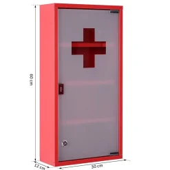 Homcom Armoire à pharmacie 3 étagères 4 niveaux verrouillable porte verre trempé dépoli logo croix 30L x 12l x 60H cm acier inox rouge* Armoire De Toilette
