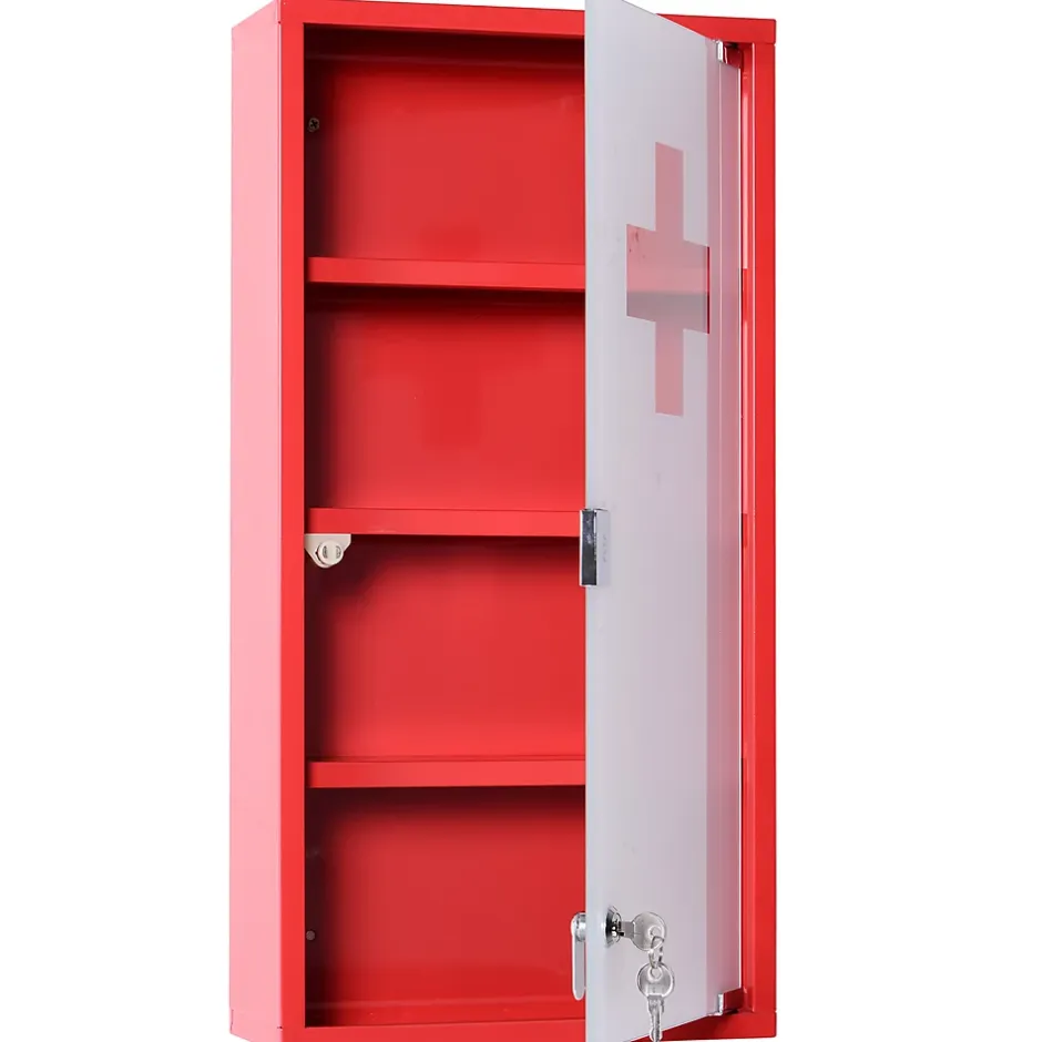 Homcom Armoire à pharmacie 3 étagères 4 niveaux verrouillable porte verre trempé dépoli logo croix 30L x 12l x 60H cm acier inox rouge* Armoire De Toilette