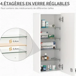 kleankin Armoire à pharmacie murale verrouillable - 5 niveaux - verre panneaux blanc