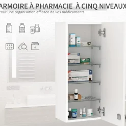 kleankin Armoire à pharmacie murale verrouillable - 5 niveaux - verre panneaux blanc