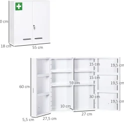 kleankin Armoire à pharmacie murale verrouillable 2 portes 6 étagères 6 compartiments dim. 55 x 18 x 60 cm acier blanc