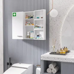 kleankin Armoire à pharmacie murale verrouillable 2 portes 6 étagères 6 compartiments dim. 55 x 18 x 60 cm acier blanc