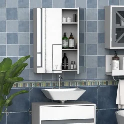 Homcom Armoire avec miroir en bois rangement salle de bain fermeture porte tampon MDF blanc* Armoire De Toilette