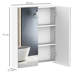 Homcom Armoire avec miroir en bois rangement salle de bain fermeture porte tampon MDF blanc* Armoire De Toilette