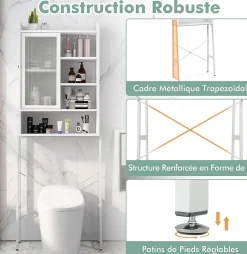 Giantex Armoire de Rangement Au-Dessus Toilettes Porte Coulissante Etagere Reglables Meuble WC Autoportant Cadre en Metal Blanc