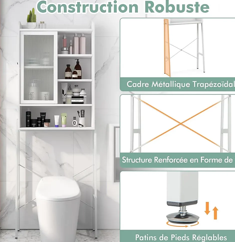 Giantex Armoire de Rangement Au-Dessus Toilettes Porte Coulissante Etagere Reglables Meuble WC Autoportant Cadre en Metal Blanc
