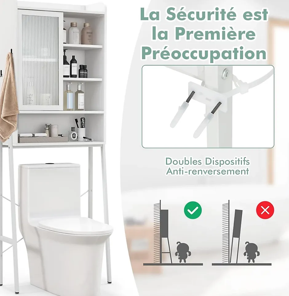 Giantex Armoire de Rangement Au-Dessus Toilettes Porte Coulissante Etagere Reglables Meuble WC Autoportant Cadre en Metal Blanc