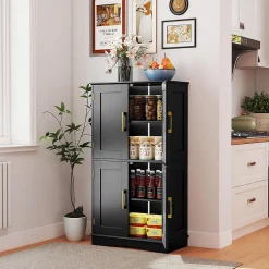 Giantex Armoire de Rangement de Salle de Bain, Armoire sur Sol avec 4 Portes, 2 Étagères Réglables et Détachables,60 x 30 x 110 CM (Noir)* Armoire De Salle De Bains