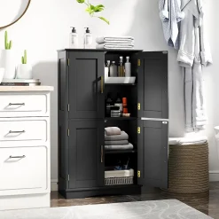 Giantex Armoire de Rangement de Salle de Bain, Armoire sur Sol avec 4 Portes, 2 Étagères Réglables et Détachables,60 x 30 x 110 CM (Noir)* Armoire De Salle De Bains