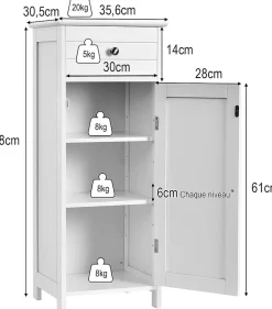 Giantex Armoire de Rangement pour Salle de Bain Meuble de Toilette sur Pied en MDF avec Tiroir et 2 Etagere Reglable a Hauteurs* Armoire De Salle De Bains|Meuble De Salle De Bains Faible Profondeur