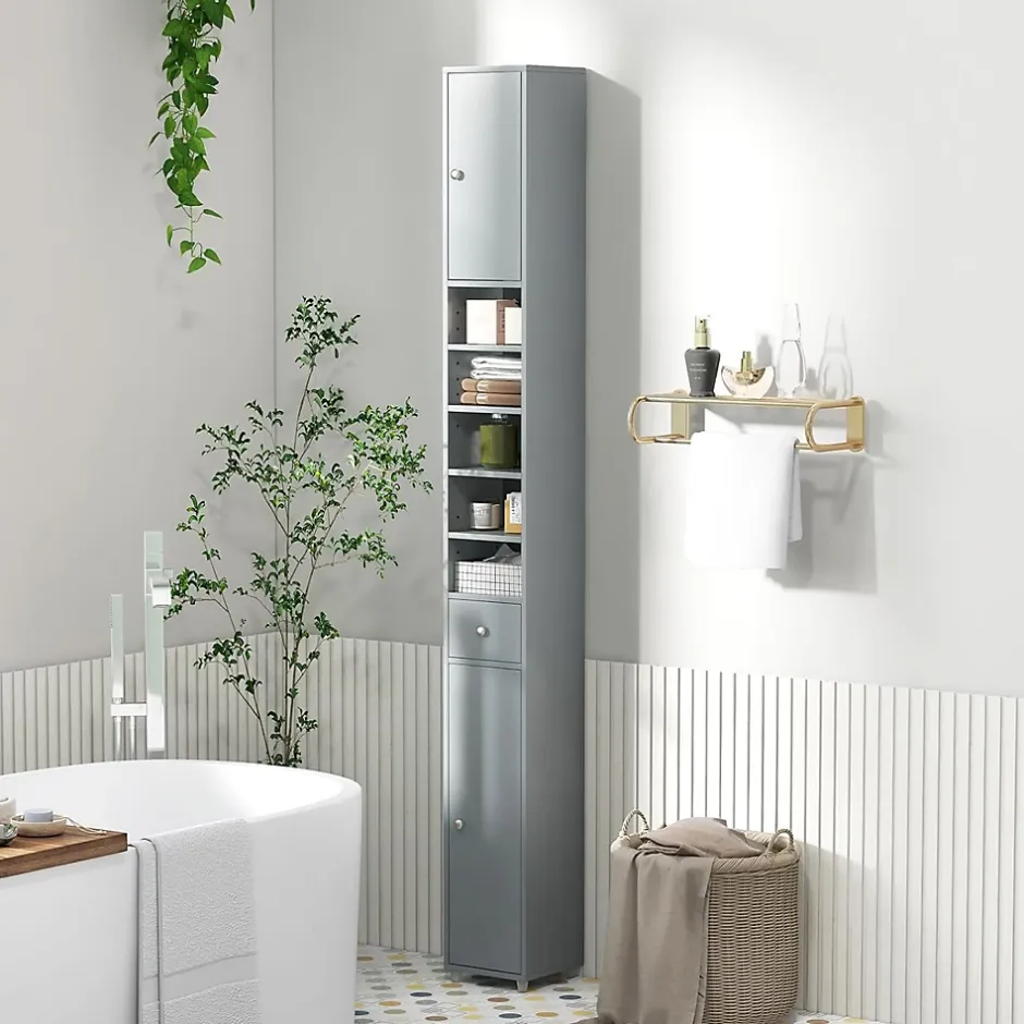Giantex Armoire de Salle de Bain Haut avec 2 Portes 1 Tiroir 5 Etageres Reglables Dispositif Anti-basculement Meuble Colonne Rangement* Colonne De Salle De Bains|Meuble De Salle De Bains Faible Profondeur