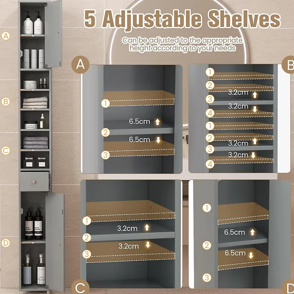 Giantex Armoire de Salle de Bain Haut avec 2 Portes 1 Tiroir 5 Etageres Reglables Dispositif Anti-basculement Meuble Colonne Rangement* Colonne De Salle De Bains|Meuble De Salle De Bains Faible Profondeur