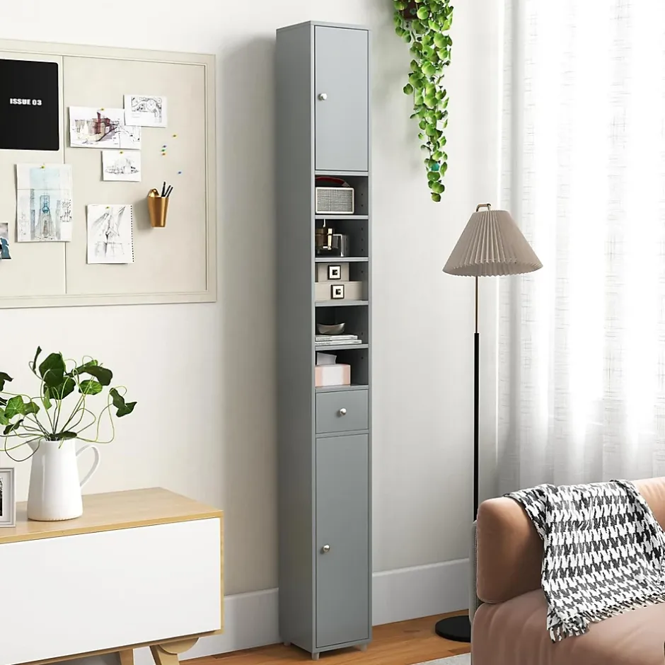 Giantex Armoire de Salle de Bain Haut avec 2 Portes 1 Tiroir 5 Etageres Reglables Dispositif Anti-basculement Meuble Colonne Rangement* Colonne De Salle De Bains|Meuble De Salle De Bains Faible Profondeur