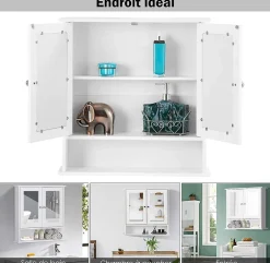 Giantex Armoire de Salle de Bain Murale avec Miroir, Armoire Suspendue avec étagère Réglable, 2 Porte&3 étagère, 56x13x58CM,Blanc