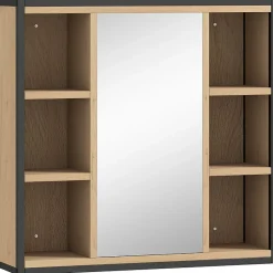 ProximaX Armoire de salle de bain avec miroir, 6 compartiments ouverts, étagère à 3 niveaux, fixation murale, chêne