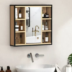 ProximaX Armoire de salle de bain avec miroir, 6 compartiments ouverts, étagère à 3 niveaux, fixation murale, chêne
