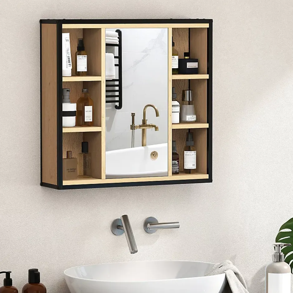 ProximaX Armoire de salle de bain avec miroir, 6 compartiments ouverts, étagère à 3 niveaux, fixation murale, chêne