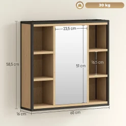 ProximaX Armoire de salle de bain avec miroir, 6 compartiments ouverts, étagère à 3 niveaux, fixation murale, chêne