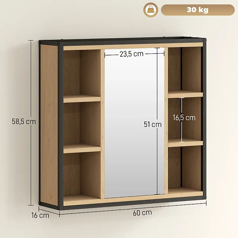 ProximaX Armoire de salle de bain avec miroir, 6 compartiments ouverts, étagère à 3 niveaux, fixation murale, chêne