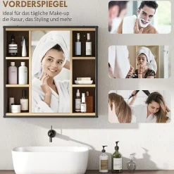 ProximaX Armoire de salle de bain avec miroir, 6 compartiments ouverts, étagère à 3 niveaux, fixation murale, chêne