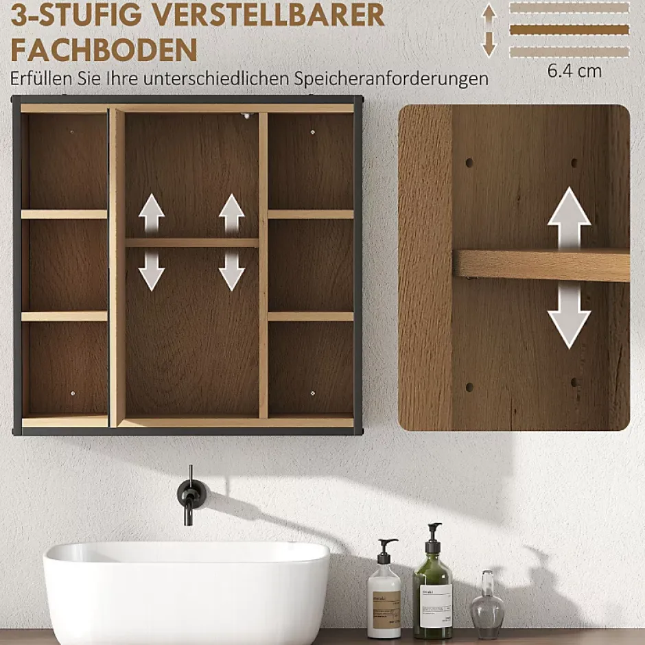 ProximaX Armoire de salle de bain avec miroir, 6 compartiments ouverts, étagère à 3 niveaux, fixation murale, chêne