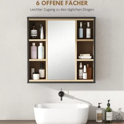 ProximaX Armoire de salle de bain avec miroir, 6 compartiments ouverts, étagère à 3 niveaux, fixation murale, chêne