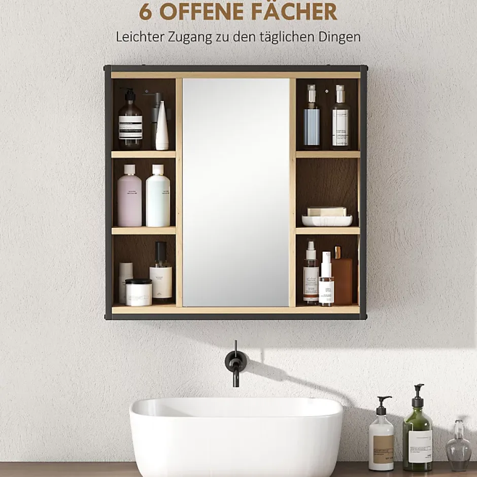 ProximaX Armoire de salle de bain avec miroir, 6 compartiments ouverts, étagère à 3 niveaux, fixation murale, chêne