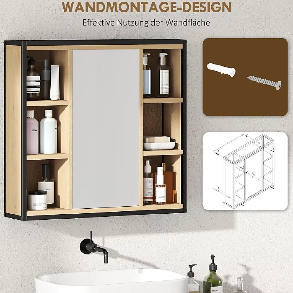 ProximaX Armoire de salle de bain avec miroir, 6 compartiments ouverts, étagère à 3 niveaux, fixation murale, chêne