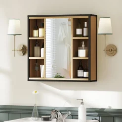 ProximaX Armoire de salle de bain avec miroir, 6 compartiments ouverts, étagère à 3 niveaux, fixation murale, chêne