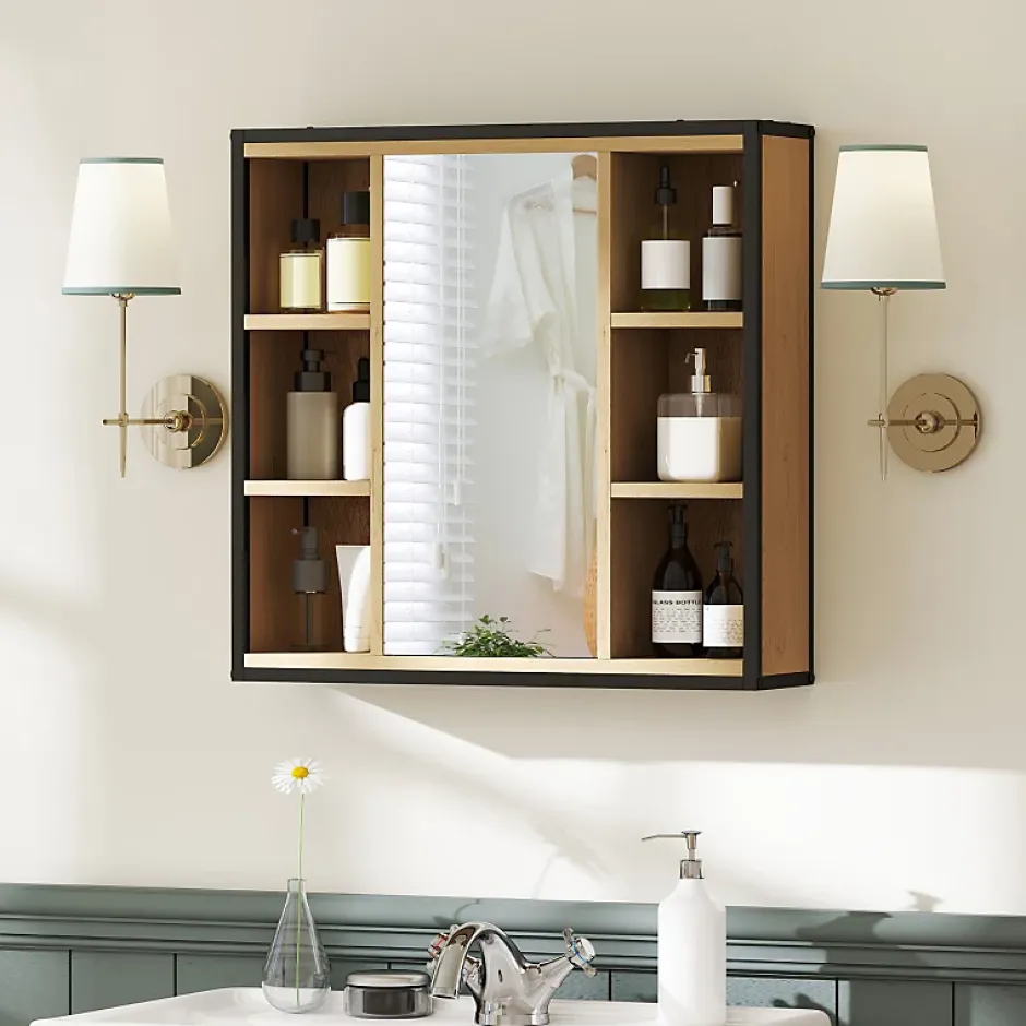 ProximaX Armoire de salle de bain avec miroir, 6 compartiments ouverts, étagère à 3 niveaux, fixation murale, chêne