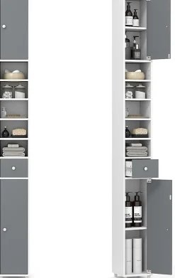 Giantex Armoire de Salle de Bain Haut, avec 2 Portes,1 Tiroir, 5 Étagères,Anti-basculement, pour Petits Espaces,20x20x180cm (Blanc+Gris)