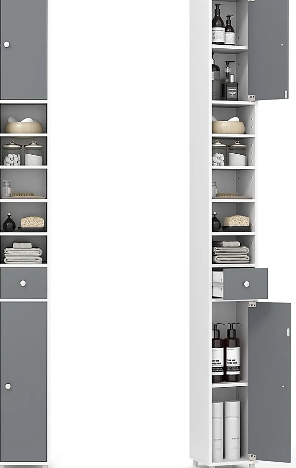 Giantex Armoire de Salle de Bain Haut, avec 2 Portes,1 Tiroir, 5 Étagères,Anti-basculement, pour Petits Espaces,20x20x180cm (Blanc+Gris)