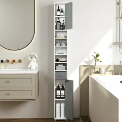 Giantex Armoire de Salle de Bain Haut, avec 2 Portes,1 Tiroir, 5 Étagères,Anti-basculement, pour Petits Espaces,20x20x180cm (Blanc+Gris)