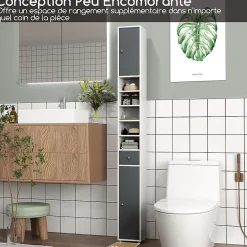 Giantex Armoire de Salle de Bain Haut, avec 2 Portes,1 Tiroir, 5 Étagères,Anti-basculement, pour Petits Espaces,20x20x180cm (Blanc+Gris)