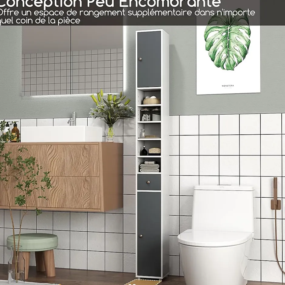 Giantex Armoire de Salle de Bain Haut, avec 2 Portes,1 Tiroir, 5 Étagères,Anti-basculement, pour Petits Espaces,20x20x180cm (Blanc+Gris)