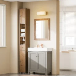 Sobuy Armoire de Salle de Bain Étroite avec Tiroir et Étagères Réglables en Bois