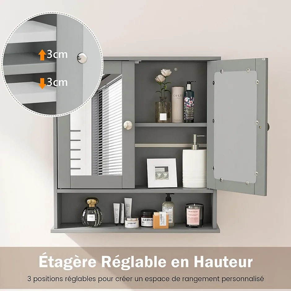 Giantex Armoire de Salle de Bain Murale avec Miroir 56 x 13 x 58 CM Gris Foncé