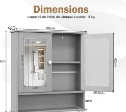 Giantex Armoire de Salle de Bain Murale avec Miroir 56 x 13 x 58 CM Gris Foncé