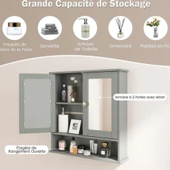 Giantex Armoire de Salle de Bain Murale avec Miroir 56 x 13 x 58 CM Gris Foncé