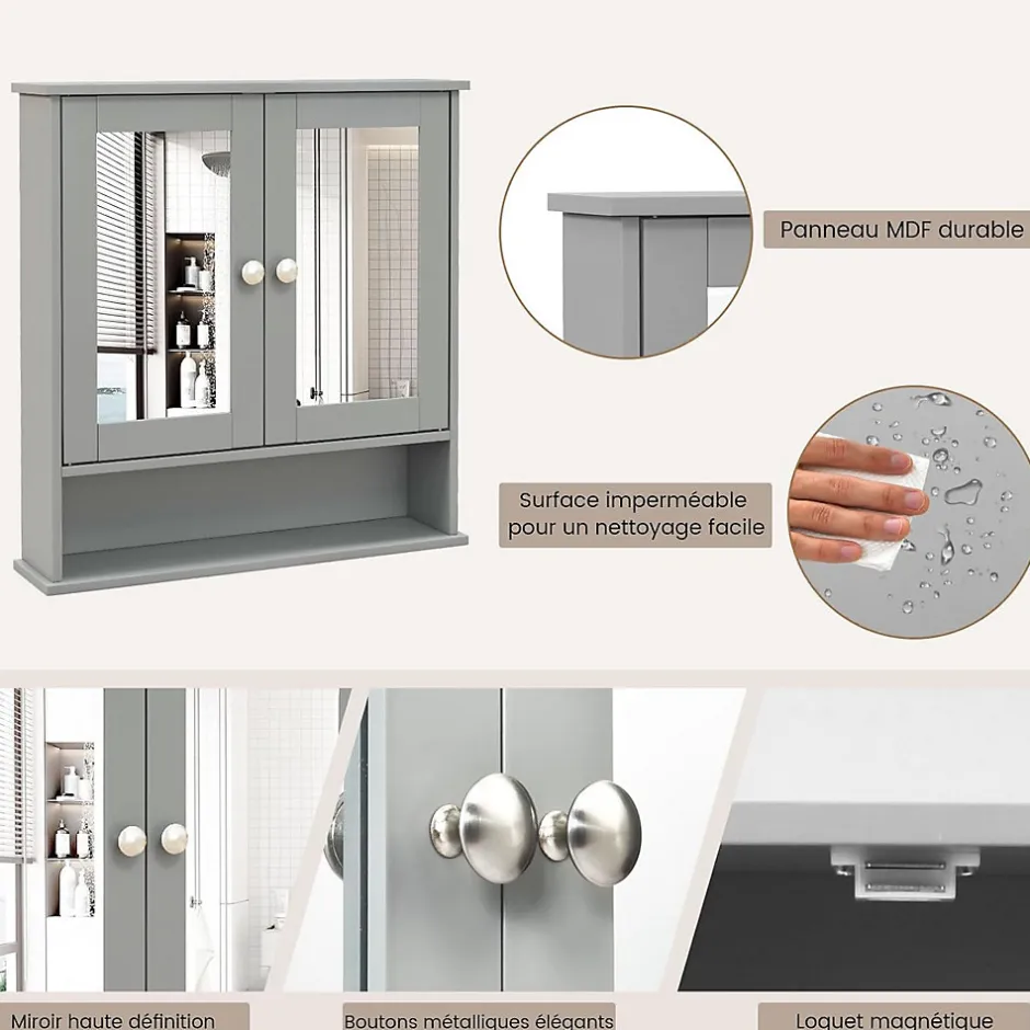 Giantex Armoire de Salle de Bain Murale avec Miroir 56 x 13 x 58 CM Gris Foncé