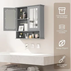 Giantex Armoire de Salle de Bain Murale avec Miroir 56 x 13 x 58 CM Gris Foncé