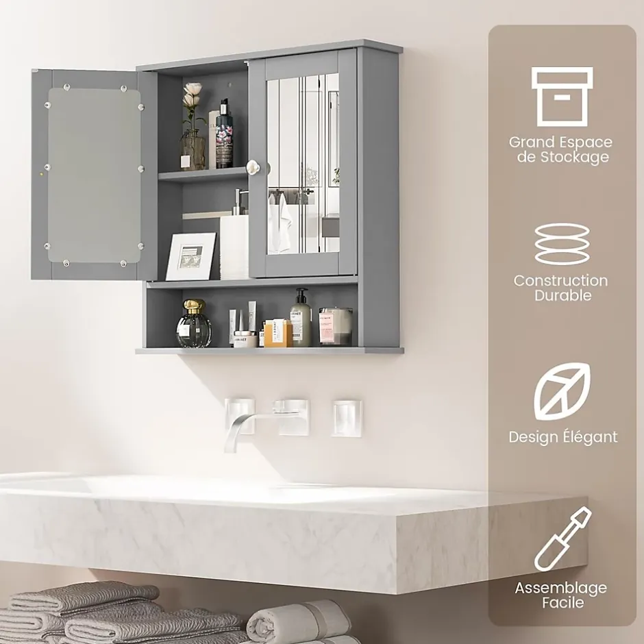 Giantex Armoire de Salle de Bain Murale avec Miroir 56 x 13 x 58 CM Gris Foncé