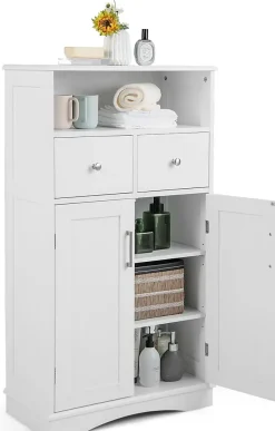 Giantex Armoire de Salle de Bain avec Etagere Reglable Meuble de Rangement sur Pieds avec Tiroirs et Portes Blanc* Armoire De Salle De Bains