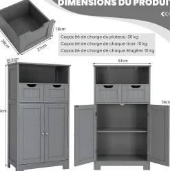 Giantex Armoire de Salle de Bain sur Pied avec Planche Mobile et 2 Tiroirs Reglables 60 X 30 X 109CM* Armoire De Salle De Bains|Meuble De Salle De Bains Faible Profondeur